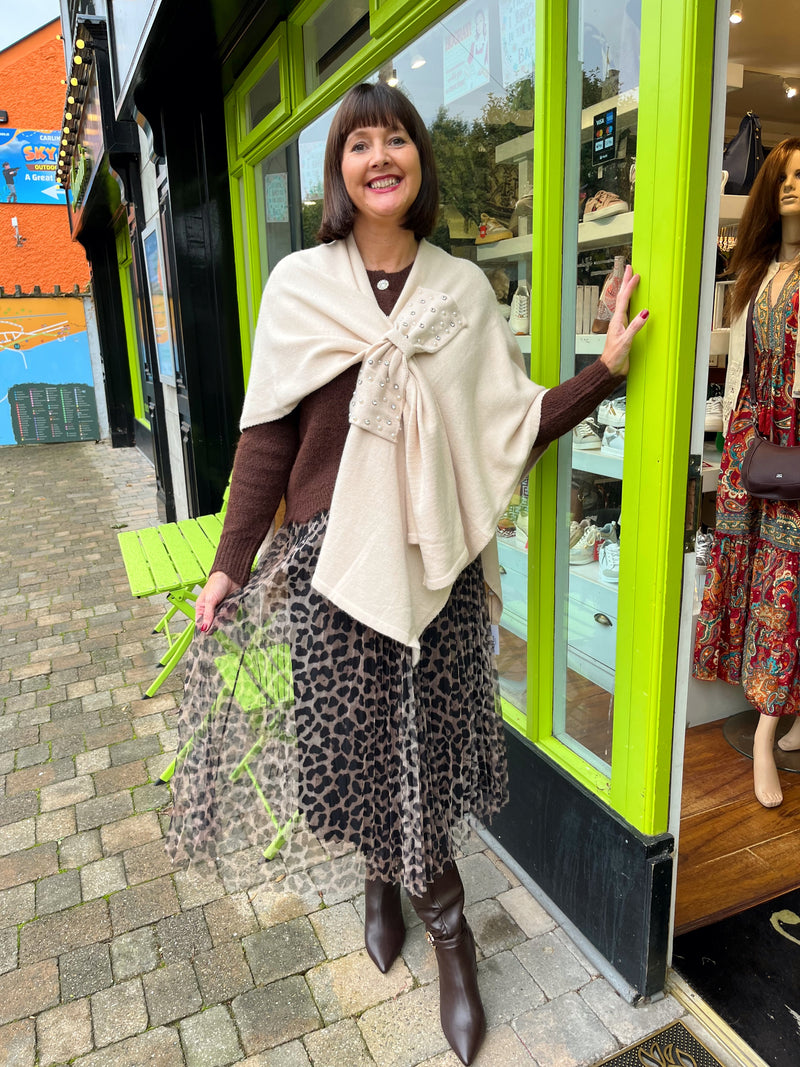 Elizabeth Bow Pearl & Diamante Cape - Cream