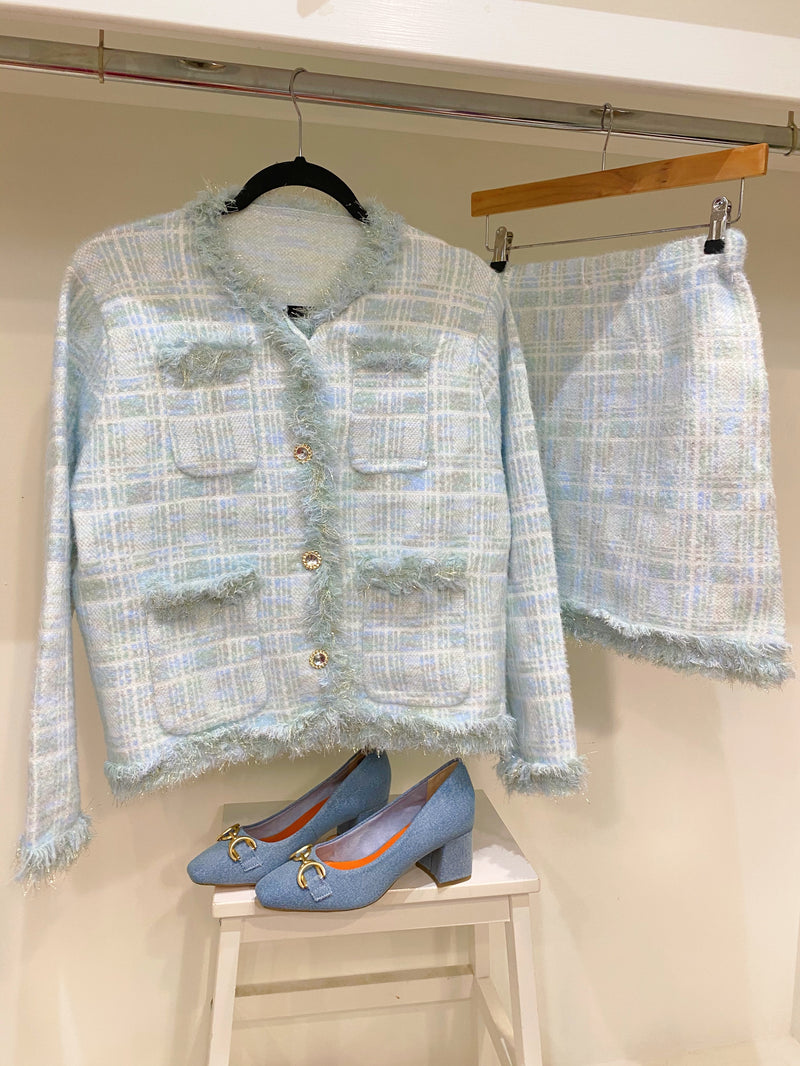 Lurene Co-Ord Tweed Knitted Jacket & Skirt Set - Blue & Green