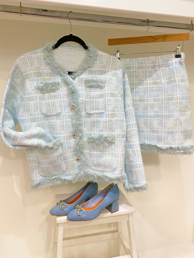 Lurene Co-Ord Tweed Knitted Jacket & Skirt Set - Blue & Green