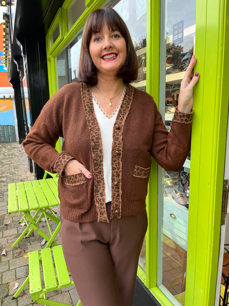 Olara Leopard Trim Cardi - Chocolate