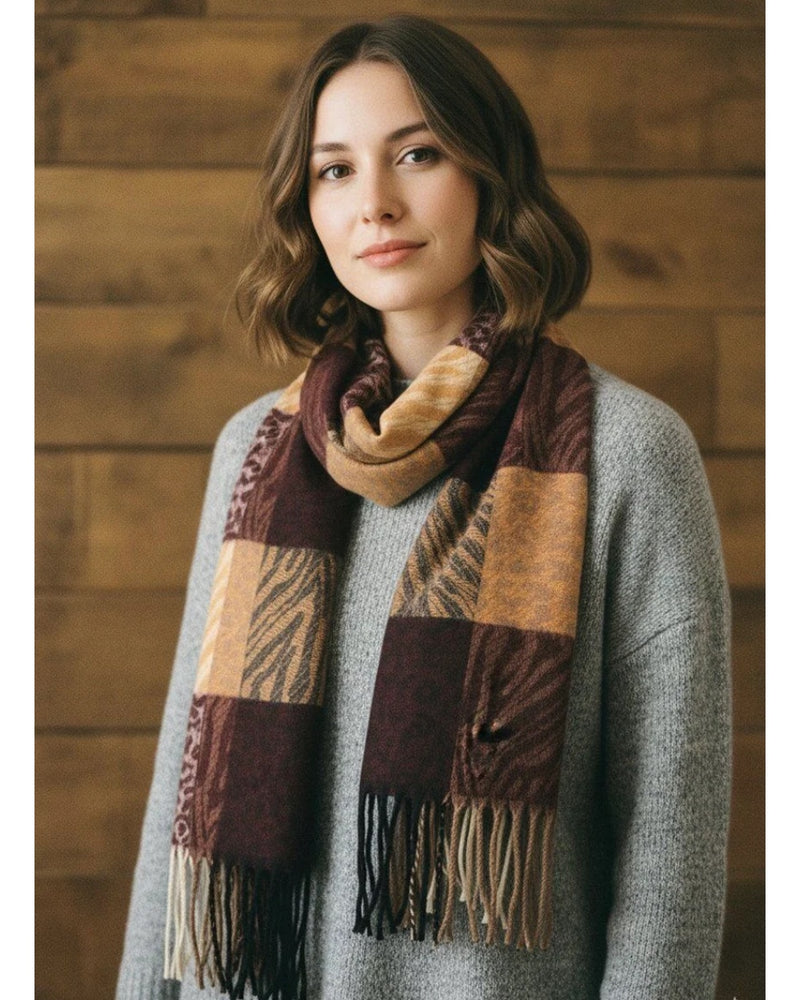 Ember Animal Print Check Shawl - Brown & Mocha