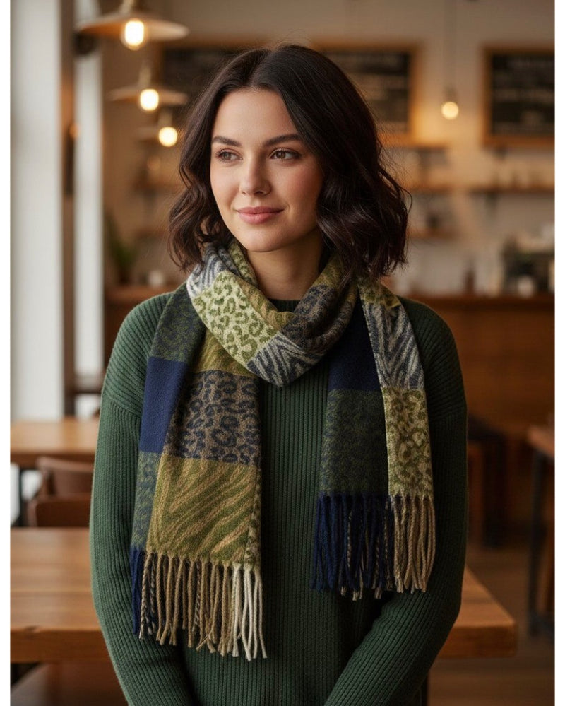 Ember Animal Print Check Shawl - Forest Greens