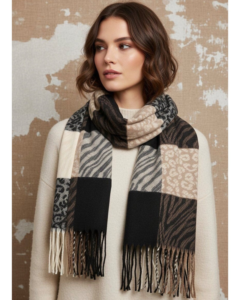 Ember Animal Print Check Shawl - Black & Taupe