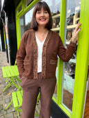 Olara Leopard Trim Cardi - Chocolate