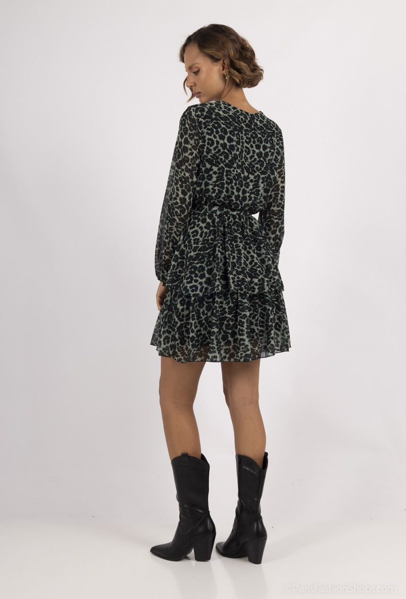 Juma Ruffle Leopard Print Mini Dress - Green