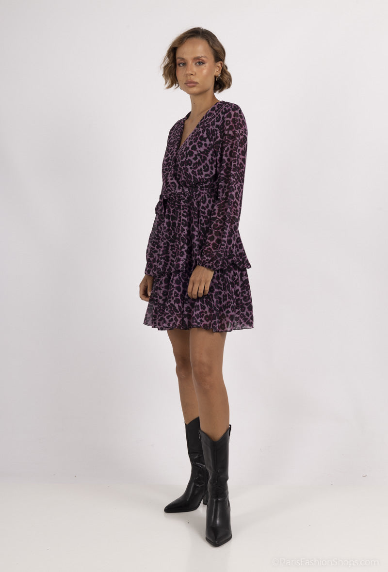 Juma Ruffle Leopard Print Mini Dress - Purple