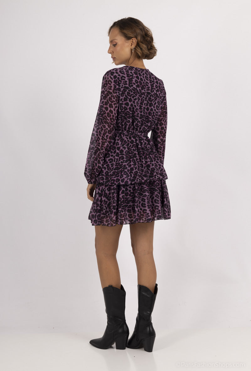 Juma Ruffle Leopard Print Mini Dress - Purple