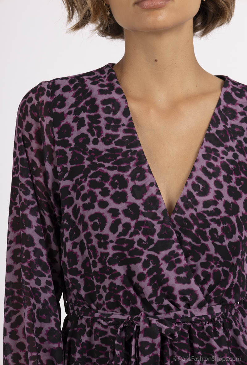 purple animal print dress Juma Ruffle Leopard Print Mini Dress