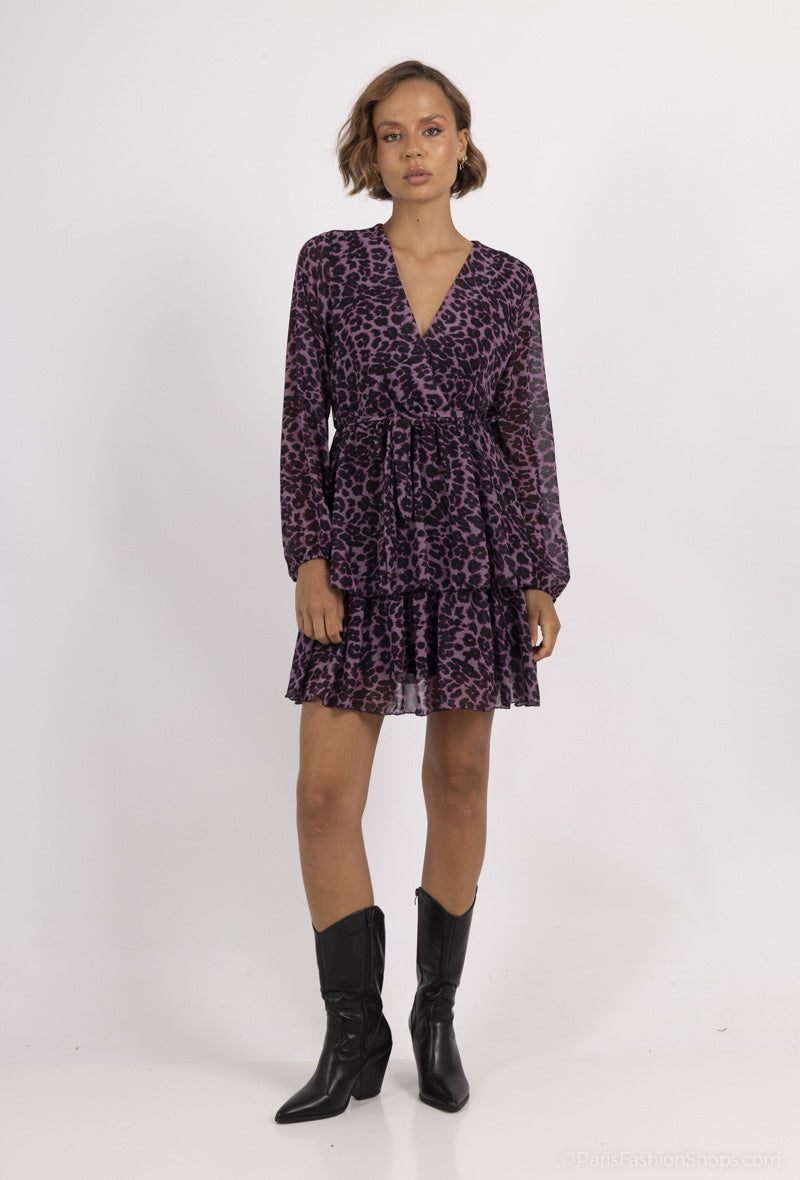 Juma Ruffle Leopard Print Mini Dress - Purple