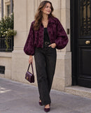 Justine Flower Velvet Cropped Bomber Jacket -Burgundy