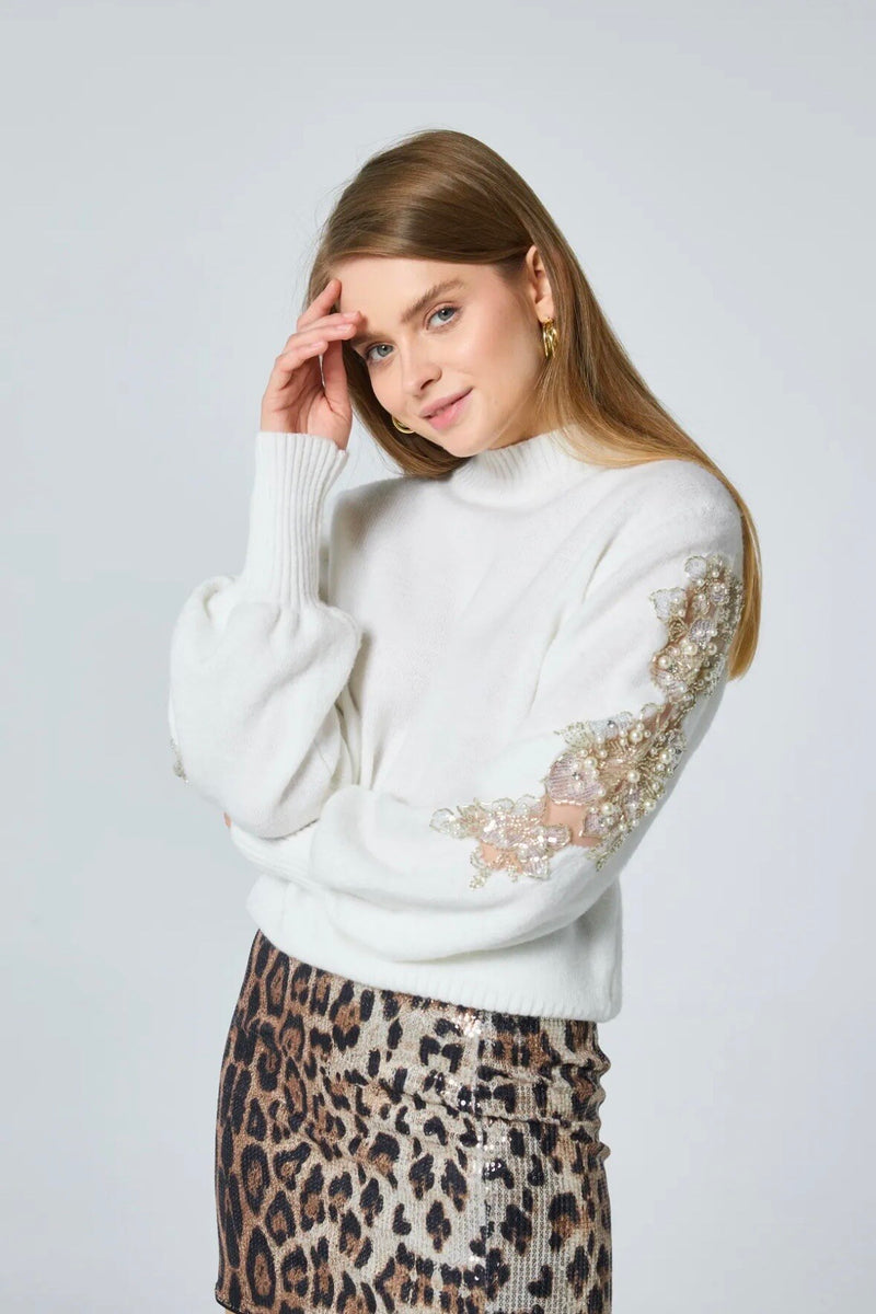 Katherine Pearl & Mesh Knit Jumper - Winter White