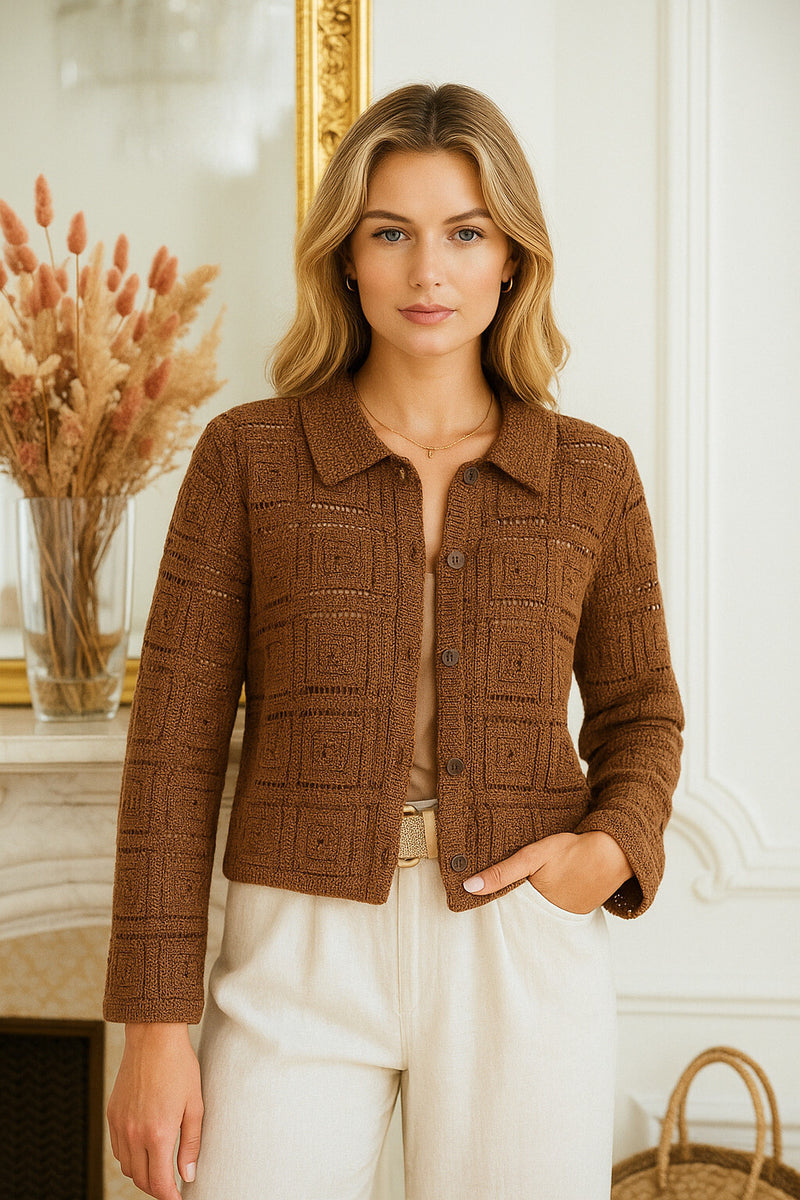 Kenzi Crochet Collar Cardi - Chocolate