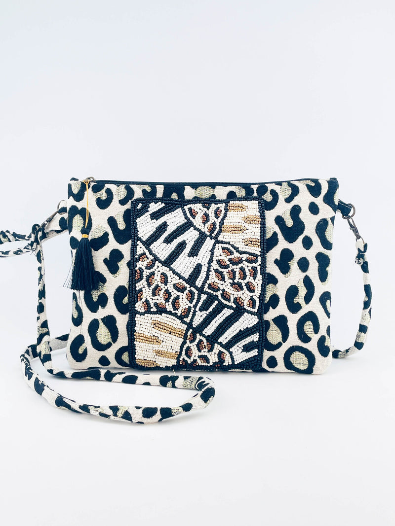 Lennon Bead Animal Print Envelop Bag - Black