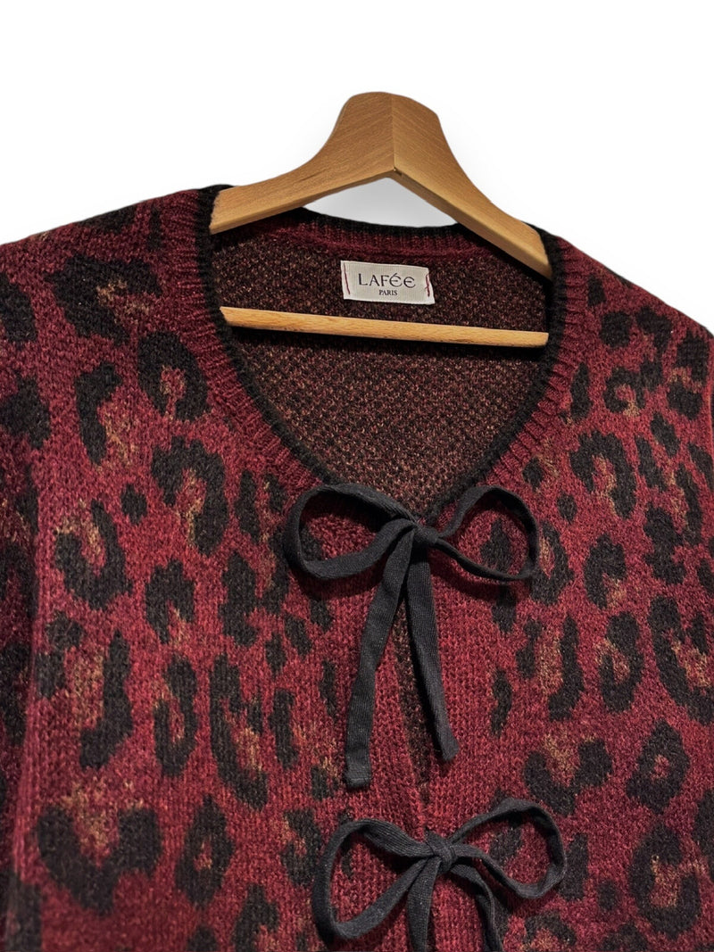 Lilli Animal Print Bow Cardi - Burgundy