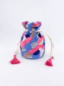Lindsey Sequin & Bead Cotton Pouch Bag - Sky Blue & Hot Pink