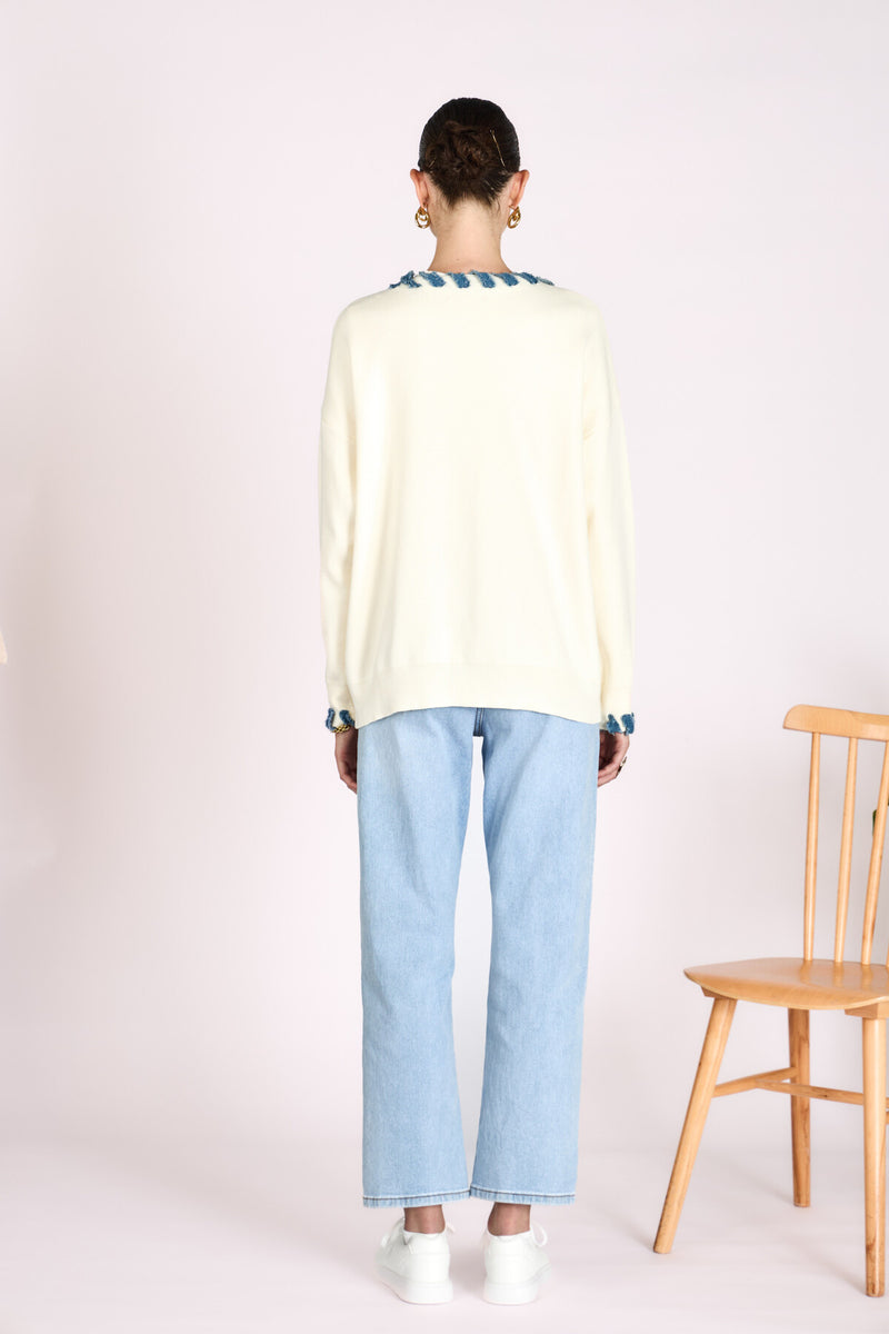 Lisa Cardi - Cream With Denim Trim
