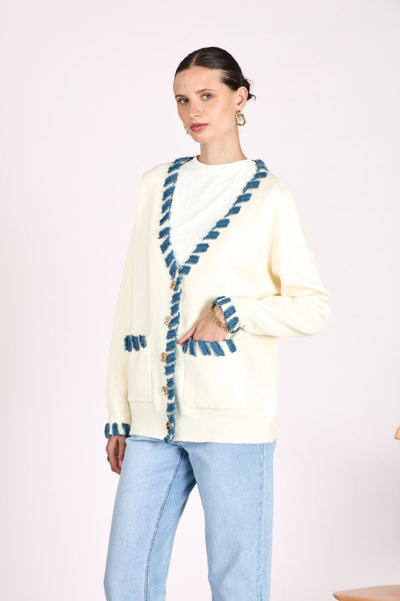 Lisa Cardi - Cream With Denim Trim
