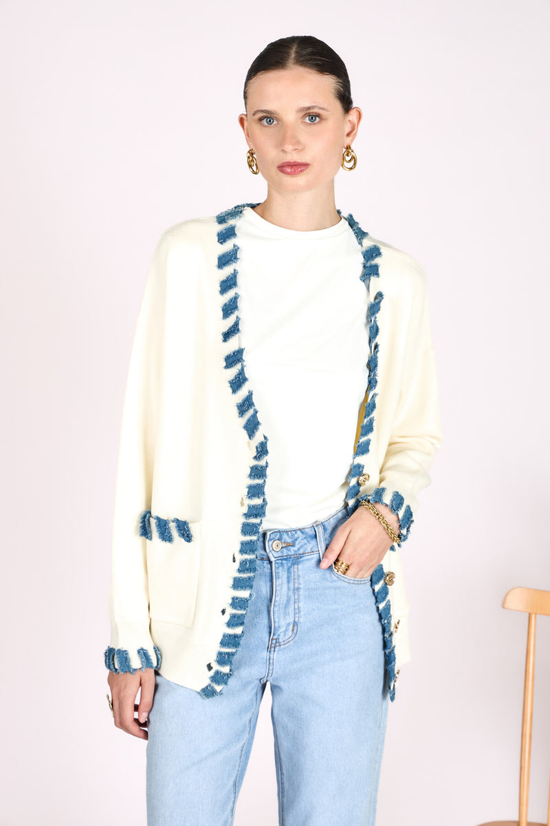 Lisa Cardi - Cream With Denim Trim