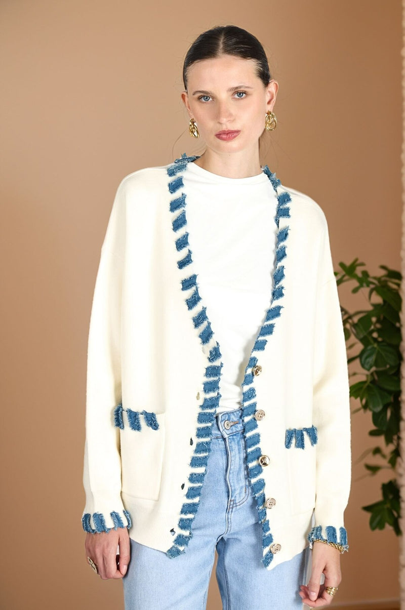 Lisa Cardi - Cream With Denim Trim
