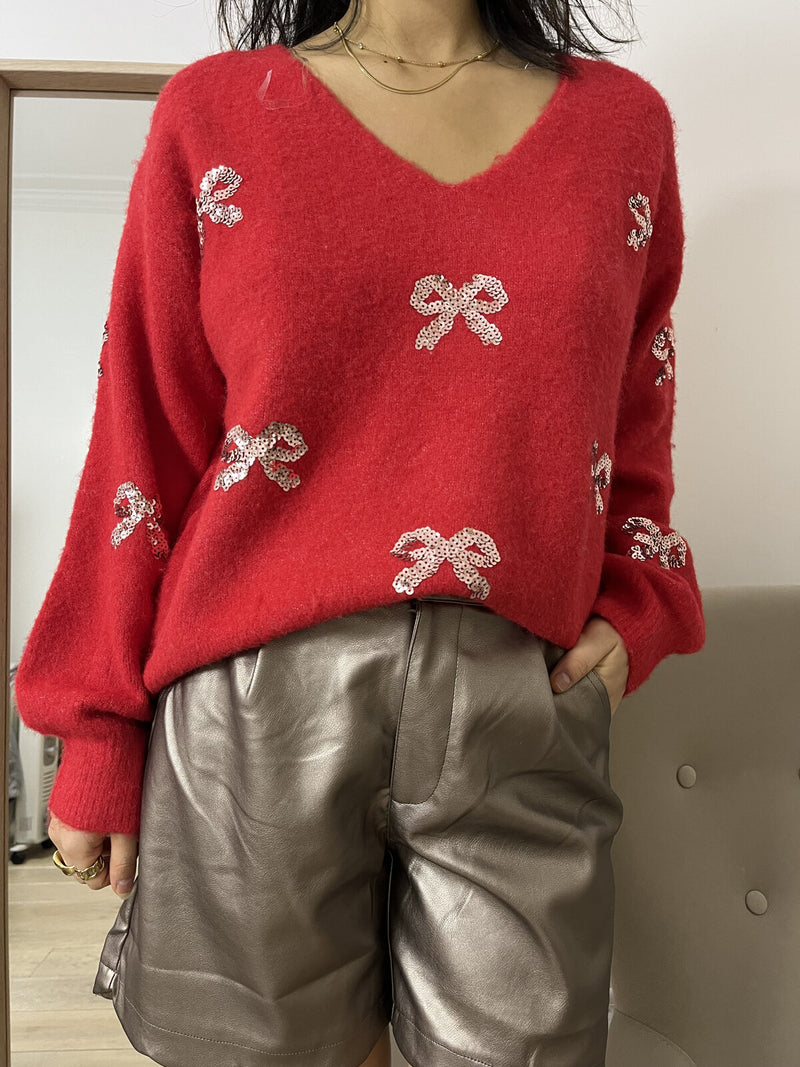 Lottie Bow Sequin Jumper - Red