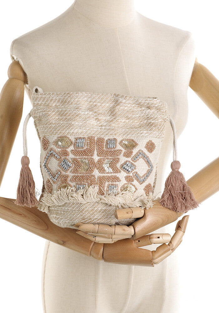 Maria Sequin & Bead Woven Bucket Bag - Rose Tassel