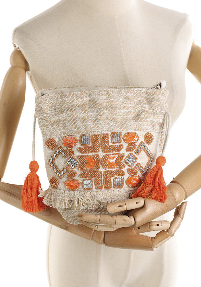 Maria Sequin & Bead Woven Bucket Bag - Orange Tassel