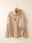 Maya Pearl Button Knitted Jacket With Detachable Scarf - Light Camel