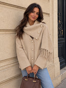 Maya Pearl Button Knitted Jacket With Detachable Scarf - Light Camel