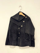 Maya Pearl Button Knitted Jacket With Detachable Scarf - Black