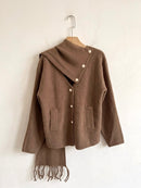 Maya Pearl Button Knitted Jacket With Detachable Scarf - Light Mocha