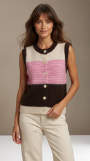 Monica Stripe Knit Gilet - Brown & Pink