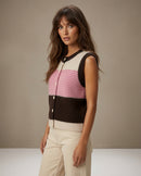 Monica Stripe Knit Gilet - Brown & Pink