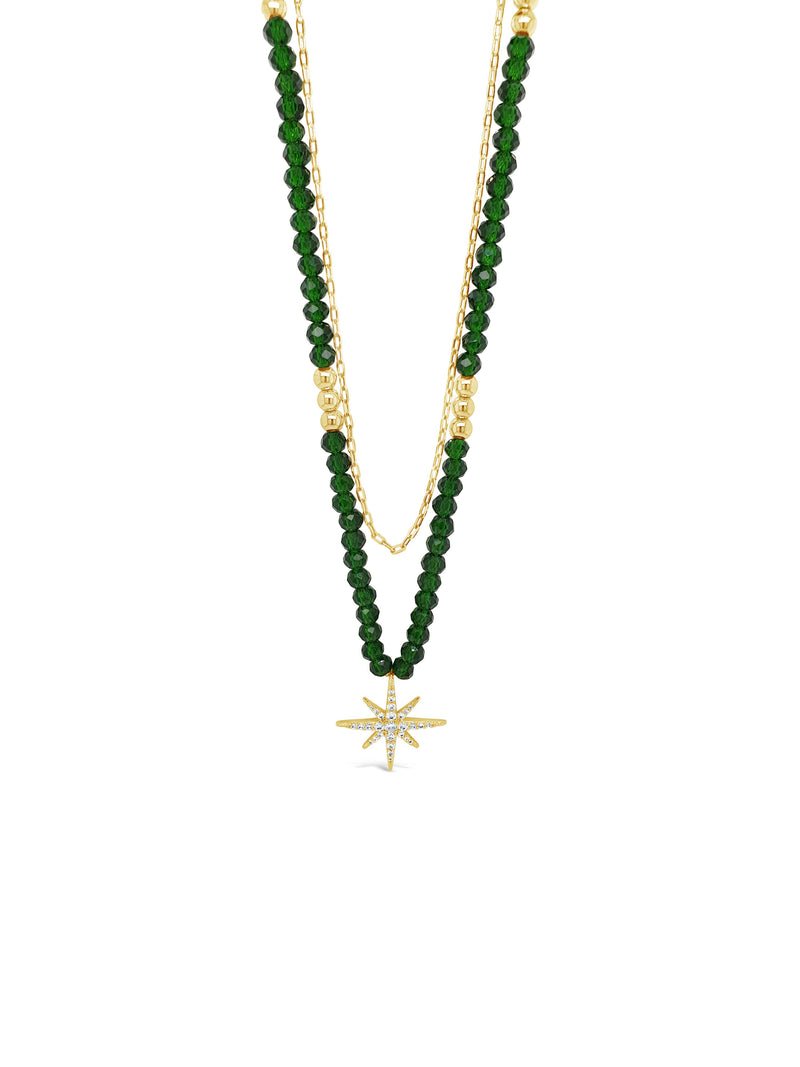 Absolute Double Strand Bead Star Drop Necklace  -  Gold & Green N2217EM
