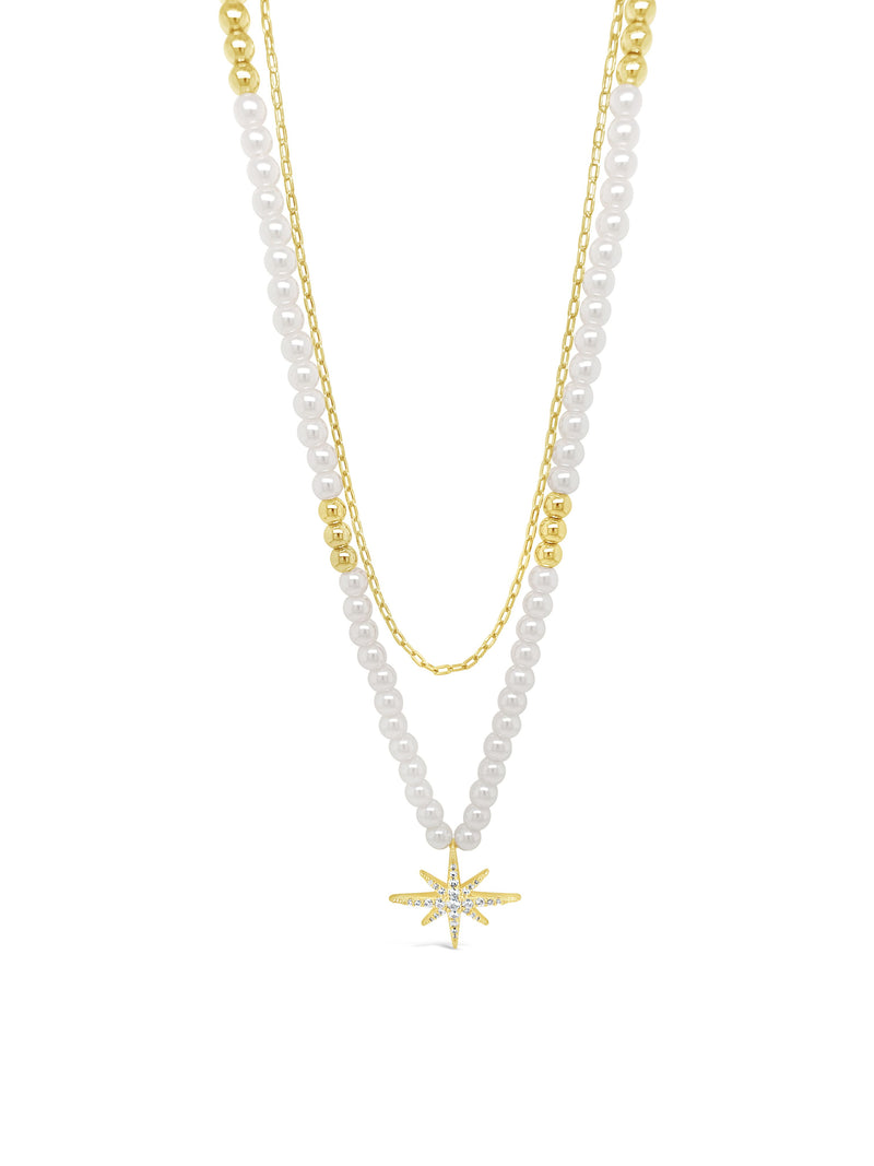 Absolute Double Strand Pearl Bead Star Drop Necklace  -  Gold & Pearl N2217GL