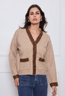 Olara Leopard Trim Cardi - Taupe