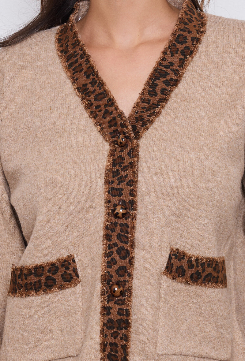 Olara Leopard Trim Cardi - Taupe