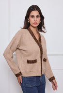 Olara Leopard Trim Cardi - Taupe