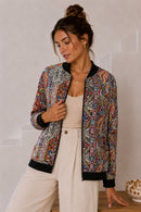 Raya Black Trim Paisley Bomber Jacket- Pink