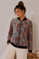 Raya Black Trim Paisley Bomber Jacket- Pink