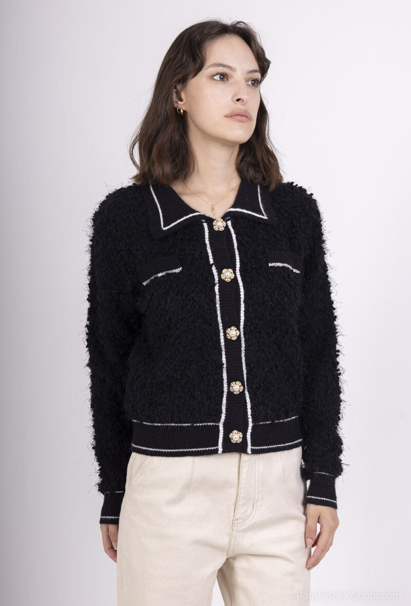 Regan Textured Cardi With Pearl Buttons - Black