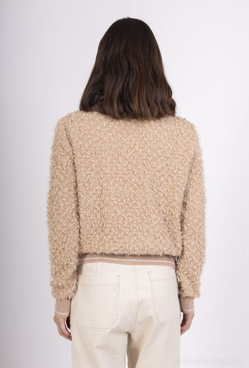 Regan Textured Cardi With Pearl Buttons - Camel