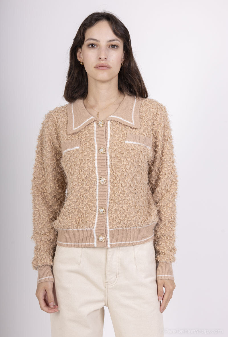 Regan Textured Cardi With Pearl Buttons - Camel