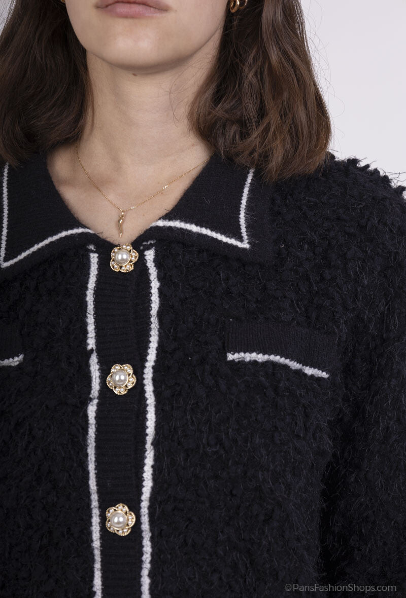 Regan Textured Cardi With Pearl Buttons - Black