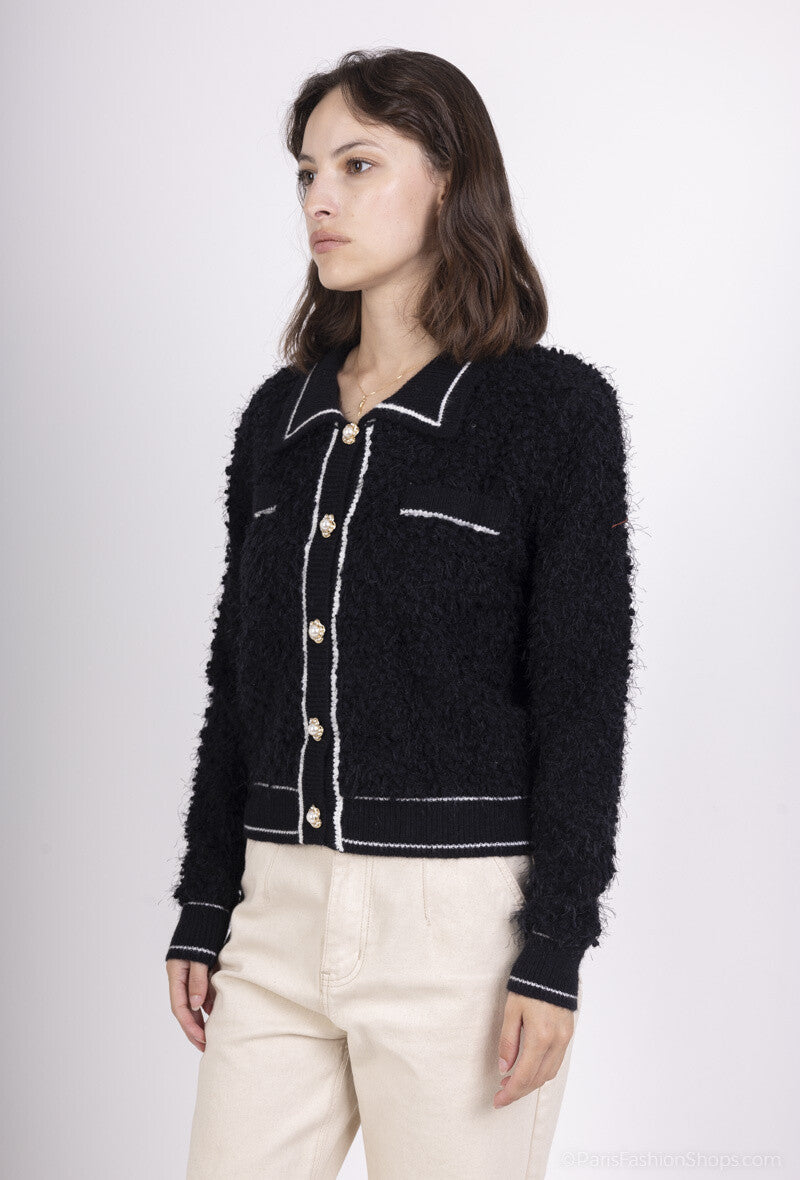 Regan Textured Cardi With Pearl Buttons - Black