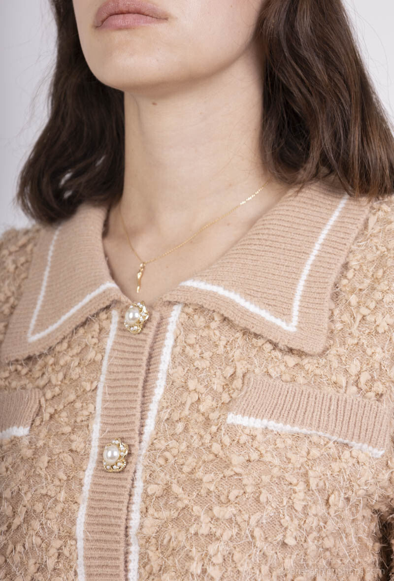 Regan Textured Cardi With Pearl Buttons - Camel