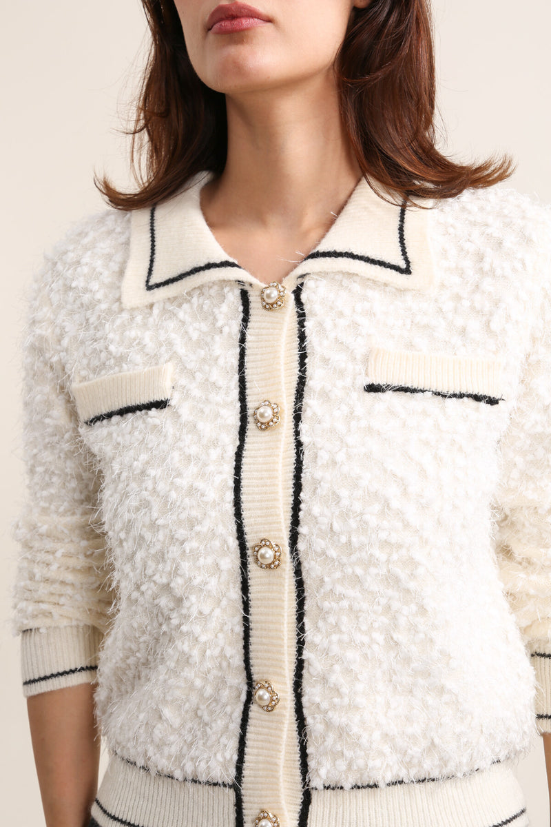 Safa Textured Cardi With Pearl - Cream