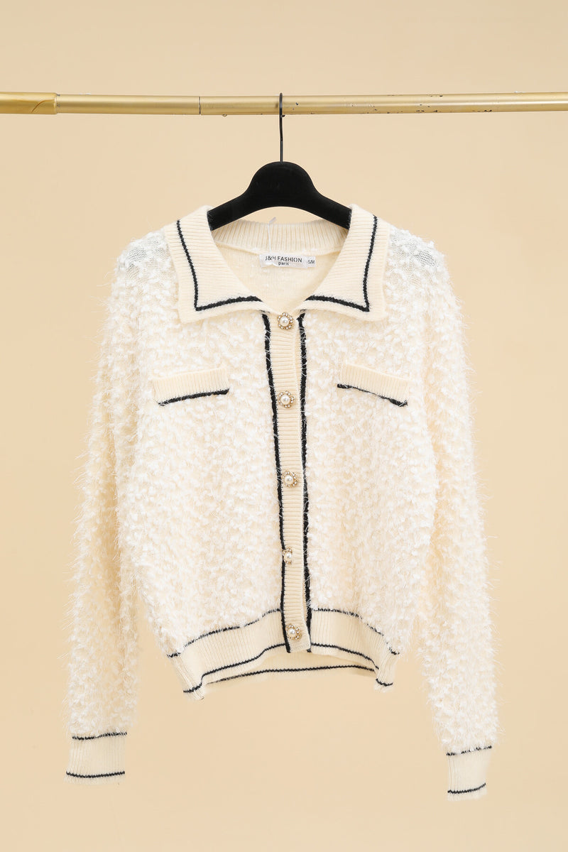 Safa Textured Cardi With Pearl - Cream