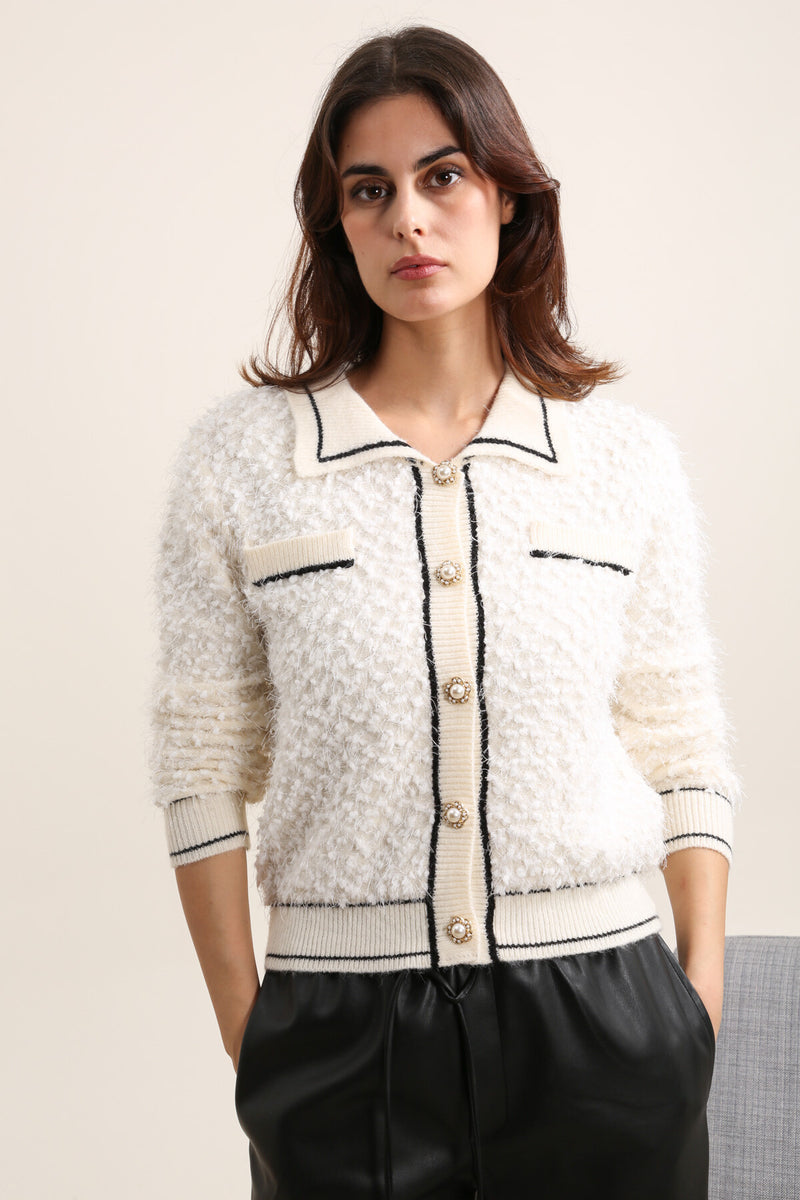 Safa Textured Cardi With Pearl - Cream