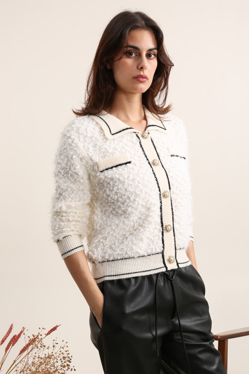 Safa Textured Cardi With Pearl - Cream