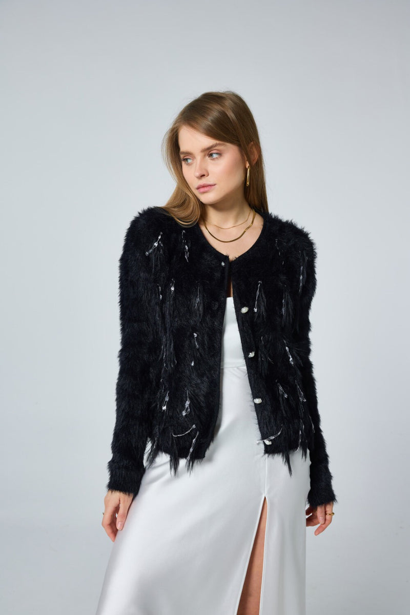 Serena Tassel & Pearl Button Knit Jacket - Black